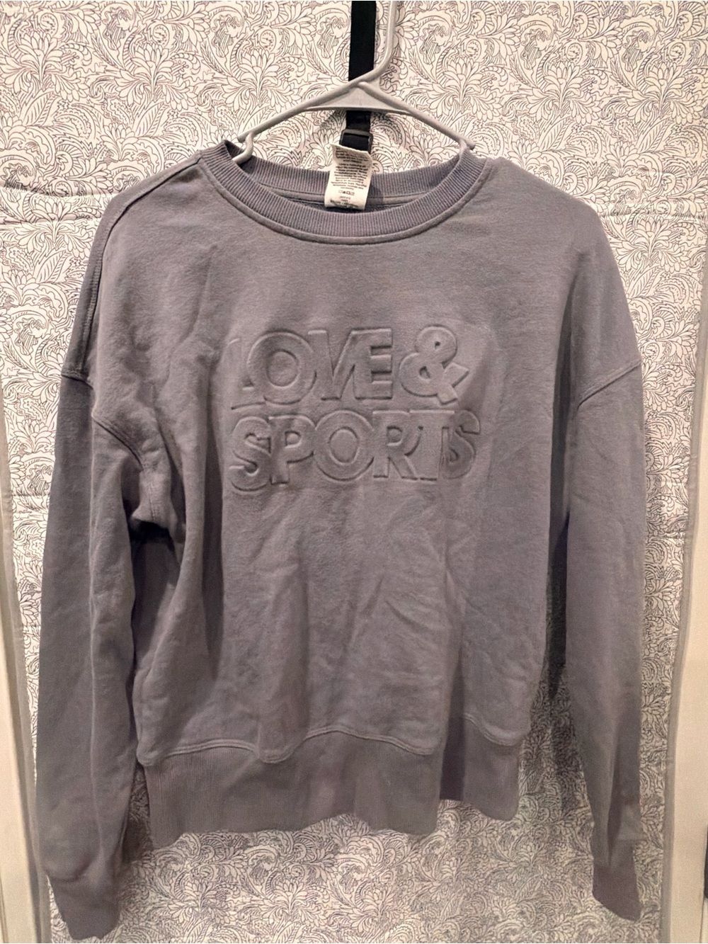 Embossed Love & Sports Crewneck Sweater - Gray. used  sign worn